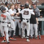 
              Oregon State players congratulate Jacob Melton on his home run during the fourth inning of an NCAA college baseball tournament super regional game against Auburn on Sunday, June 12, 2022, in Corvallis, Ore. (AP Photo/Amanda Loman)
            