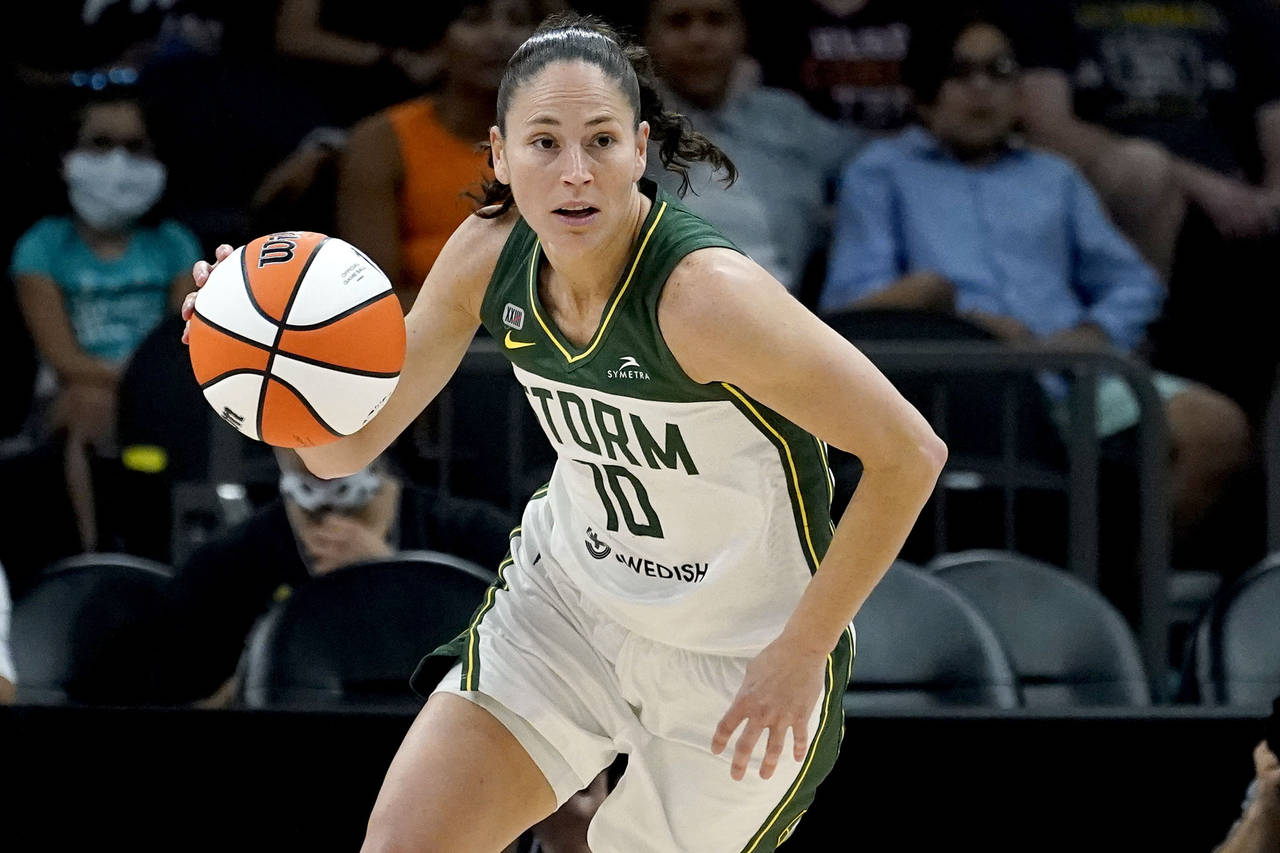 FILE - Seattle Storm guard Sue Bird (10) plays during the first half of the Commissioner's Cup WNBA...