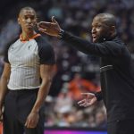 
              Chicago Sky coach James Wade argues a call with official Robert Hussey during the team's WNBA basketball game against the Connecticut Sun on Friday, June 10, 2022, in Uncasville, Conn. (Sean D. Elliot/The Day via AP)
            