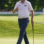 
              J.T. Poston reacts after finishing his round on the ninth hole during the first round of the Travelers Championship golf tournament at TPC River Highlands, Thursday, June 23, 2022, in Cromwell, Conn. (AP Photo/Seth Wenig)
            