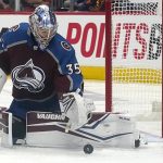 
              Colorado Avalanche goaltender Darcy Kuemper makes a save against the Edmonton Oilers during the second period in Game 1 of the NHL hockey Stanley Cup playoffs Western Conference finals Tuesday, May 31, 2022, in Denver. (AP Photo/Jack Dempsey)
            