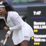 
              Serena Williams of the US celebrates after winning a point against France's Harmony Tan in a first round women's singles match on day two of the Wimbledon tennis championships in London, Tuesday, June 28, 2022. (AP Photo/Alberto Pezzali)
            