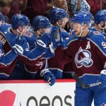 
              Colorado Avalanche right wing Mikko Rantanen (96) is congratulated for his goal against the Edmonton Oilers during the second period in Game 2 of the NHL hockey Stanley Cup playoffs Western Conference finals Thursday, June 2, 2022, in Denver. (AP Photo/Jack Dempsey)
            