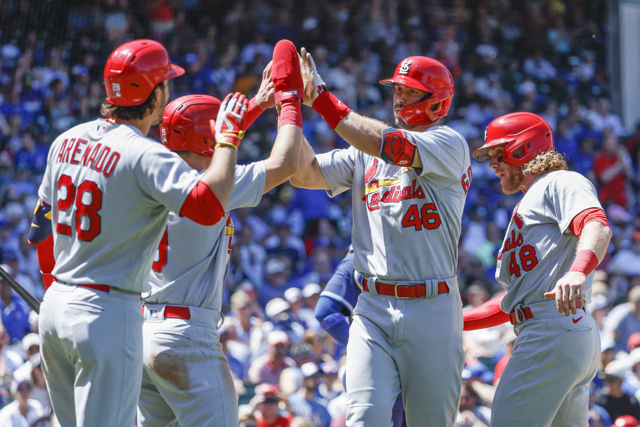 St. Louis Cardinals' Paul Goldschmidt (46) celebrates with teammates after hitting a three-run home...