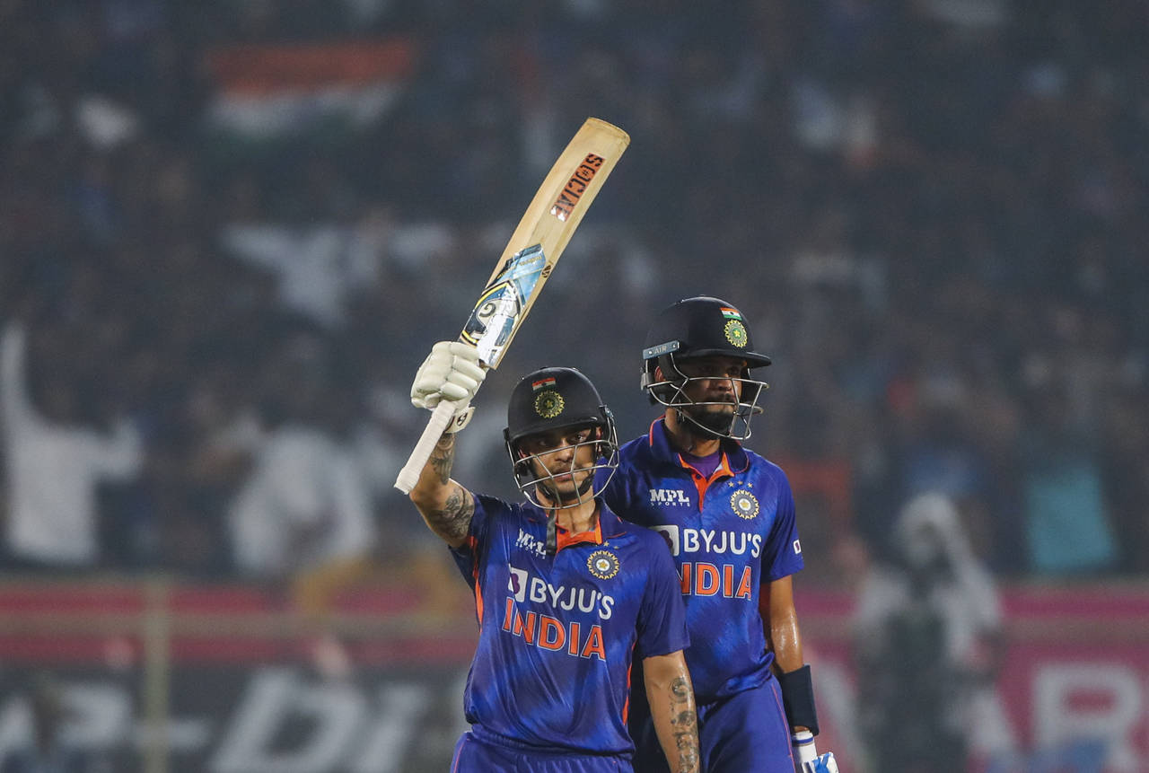 India's Ishan Kishan celebrates scoring fifty runs during the third Twenty20 cricket match between ...