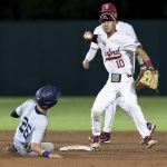 
              Stanford shortstop Adam Crampton (10) throws to first base after forcing out Connecticut's T.C. Simmons (26), completing a double play during the sixth inning of an NCAA college baseball tournament super regional game Saturday, June 11, 2022, in Stanford, Calif. (AP Photo/John Hefti)
            