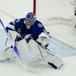 
              Tampa Bay Lightning goaltender Andrei Vasilevskiy waits on the play during the first period of Game 6 of the NHL hockey Stanley Cup Finals against the Colorado Avalanche on Sunday, June 26, 2022, in Tampa, Fla. (AP Photo/John Bazemore)
            