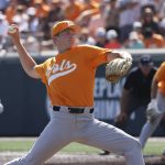 
              Tennessee pitcher Mark McLaughlin throws against Notre Dame in the eighth inning during an NCAA college baseball super regional game Saturday, June 11, 2022, in Knoxville, Tenn. (AP Photo/Randy Sartin)
            