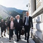 
              The former president of the World Football Association (Fifa), Joseph Blatter, center, accompanied by his daughter Corinne Blatter, left, and his lawyer Lorenz Erni, right,  arrives at the Swiss Federal Criminal Court in Bellinzona, Switzerland, Wednesday, June 8, 2022. Blatter and the former president of the the European Football Association (UEFA), Michel Platini, will stand trial before the Federal Criminal Court from Wednesday, over a suspicious two-million payment. (Alessandro Crinari/Keystone via AP)
            