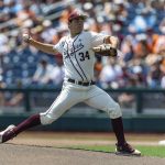 
              Texas A&M starting pitcher Micah Dallas (34) throws against Texas in the first inning during an NCAA College World Series baseball game Sunday, June 19, 2022, in Omaha, Neb. (AP Photo/John Peterson)
            