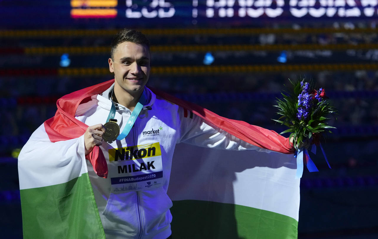 Kristof Milak of Hungary celebrate after winning the Men 200m Butterfly final at the 19th FINA Worl...