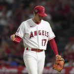 
              Los Angeles Angels starting pitcher Shohei Ohtani (17) reacts after the top of the sixth inning of a baseball game against the Kansas City Royals in Anaheim, Calif., Wednesday, June 22, 2022. (AP Photo/Ashley Landis)
            