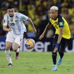 
              FILE - Ecuador's Byron Castillo, right, and Argentina's Nicolas Gonzalez eye the ball during a qualifying soccer match for the FIFA World Cup Qatar 2022 at Monumental Banco Pichincha stadium in Guayaquil, Ecuador, on March 29, 2022. Ecuador has kept its place at the World Cup. A FIFA legal ruling has rejected a complaint by Chile about an alleged ineligible player for Ecuador. Chile’s soccer federation claimed to have documents proving Ecuador defender Byron Castillo is Colombian. Ecuador risked forfeiting eight qualifying games he played in as 3-0 losses. (Franklin Jacome/Pool via AP)
            