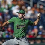 
              Notre Dame starting pitcher John Michael Bertrand throws to a Texas batter during the first inning of an NCAA College World Series baseball game Friday, June 17, 2022, in Omaha, Neb. (AP Photo/John Peterson)
            