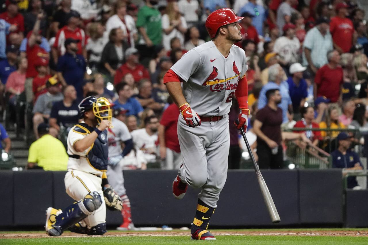 St. Louis Cardinals' Nolan Arenado hits a two-run home run during the sixth inning of a baseball ga...