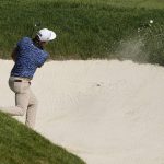 
              Cameron Smith, of Australia, hits from a bunker on the 18th green during the second round of the Memorial golf tournament,Friday, June 3, 2022, in Dublin, Ohio. (AP Photo/Darron Cummings)
            