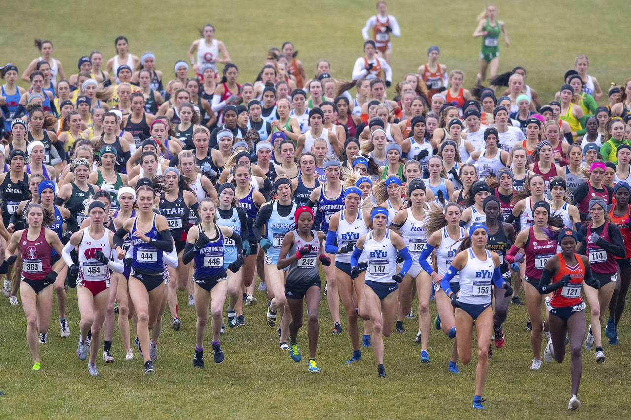 FILE - The field of runners compete in the women's NCAA Division I Cross-Country Championships, Sat...
