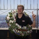 
              Marcus Ericsson, of Sweden, poses for pictures on the observation desk of the Empire State Building in New York, Tuesday, May 31, 2022. Ericsson won the 106th running of the Indianapolis 500 auto race on Sunday. (AP Photo/Seth Wenig)
            