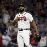 
              Atlanta Braves relief pitcher Kenley Jansen reacts after the team's 5-3 win over the Los Angeles Dodgers during a baseball game Saturday, June 25, 2022, in Atlanta. (Jason Getz/Atlanta Journal-Constitution via AP)
            