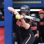 
              Oregon State's Savanah Whatley hits against Florida during the second inning of an NCAA softball Women's College World Series game Thursday, June 2, 2022, in Oklahoma City. (AP Photo/Alonzo Adams)
            