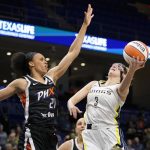 
              Phoenix Mercury's Brianna Turner (21) defends against Dallas Wings guard Marina Mabrey (3) during the first half of a WNBA basketball game Friday, June 17, 2022, in Arlington, Texas. (AP Photo/Tony Gutierrez)
            