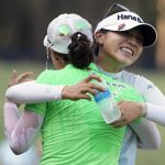 
              Minjee Lee, of Australia, left embraces Lydia Ko, of New Zealand, after the final round of the U.S. Women's Open golf tournament at the Pine Needles Lodge & Golf Club in Southern Pines, N.C., on Sunday, June 5, 2022. Minjee Lee won the match. (AP Photo/Chris Carlson)
            