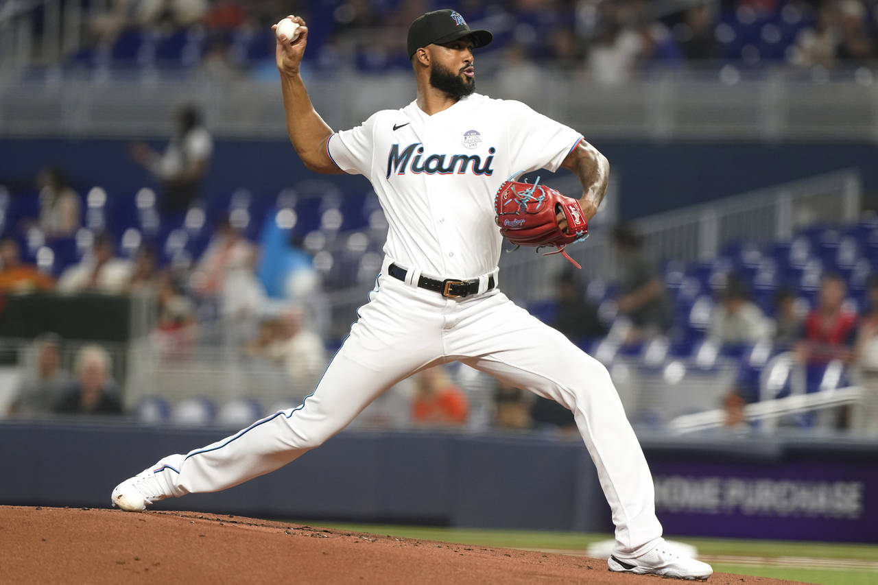 Miami Marlins starting pitcher Sandy Alcantara throws a pitch during the first inning of a baseball...