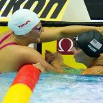 
              Winner Torri Huske of the United States, right, and second placed Marie Wattel of France celebrate after finishing the Women 100m Butterfly final at the 19th FINA World Championships in Budapest, Hungary, Sunday, June 19, 2022. (AP Photo/Petr David Josek)
            