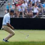 
              Jim Furyk responds to missing a birdie putt during the third round of the U.S. Senior Open golf tournament, Saturday, June 25, 2022, at Saucon Valley Country Club in Bethlehem, Pa. (Joseph Scheller/The Morning Call via AP)
            