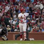 
              St. Louis Cardinals' Juan Yepez watches his three-run home run during the fourth inning of a baseball game against the Miami Marlins Monday, June 27, 2022, in St. Louis. (AP Photo/Jeff Roberson)
            