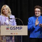 
              First lady Jill Biden speaks alongside tennis great Billie Jean King at an event to celebrate the 10th anniversary of the State Department-espnW Global Sports Mentoring Program and the 50th anniversary of Title IX, Wednesday, June 22, 2022, in Washington. (AP Photo/Patrick Semansky)
            