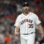 
              Houston Astros starting pitcher Justin Verlander reacts after striking out Seattle Mariners' Taylor Trammell to end the top of the sixth inning of a baseball game Tuesday, June 7, 2022, in Houston. (AP Photo/David J. Phillip)
            