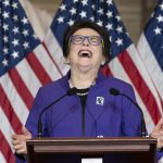 
              FILE - Tennis legend and equality rights advocate Billie Jean King, reacts while speaking at a Women's History Month event honoring women athletes in celebration of the 50th Anniversary of Title IX, Wednesday, March 9, 2022, on Capitol Hill in Washington. (AP Photo/Jacquelyn Martin, File)
            