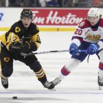 
              Hamilton Bulldogs' Ryan Winterton, left, and Edmonton Oil Kings' Dawson Seitz vie for the puck during the second period of a Memorial Cup hockey game in Saint John, New Brunswick, Friday, June 24, 2022. (Darren Calabrese/The Canadian Press via AP)
            