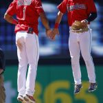 
              Cleveland Guardians shortstop Amed Rosario and left fielder Steven Kwan celebrate a win against the Minnesota Twins in the first baseball game of a doubleheader, Tuesday, June 28, 2022, in Cleveland. (AP Photo/Ron Schwane)
            