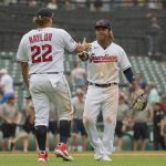 
              Cleveland Guardians' Josh Naylor greets Jose Ramirez after the Guardians win against the Kansas City Royals after a baseball game in Cleveland, Tuesday, June 1, 2022. (AP Photo/Phil Long)
            
