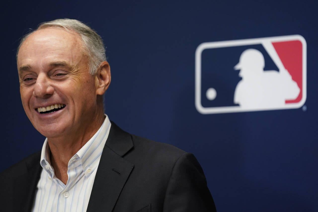 Major League Baseball Commissioner Rob Manfred speaks to reporters following an owners' meeting at ...