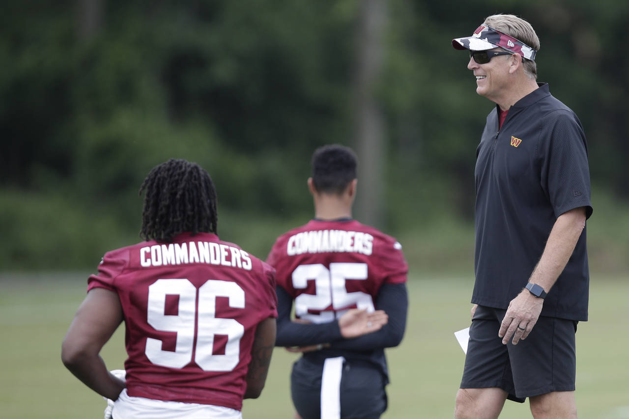 Washington Commanders defensive coordinator Jack Del Rio is seen during an NFL football practice at...