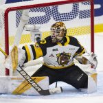 
              Hamilton Bulldogs goaltender Marco Costantini watches the puck after it went off the shaft of his stick during Memorial Cup hockey game action against the Shawinigan Cataractes in Saint John, New Brunswick, Monday, June 27, 2022. (Ron Ward/The Canadian Press via AP)
            