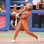 
              Texas' Mia Scott (10) hits against UCLA in the third inning of an NCAA softball Women's College World Series game on Thursday, June 2, 2022, in Oklahoma City. (AP Photo/Alonzo Adams)
            