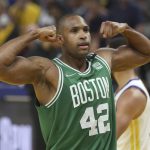 
              Boston Celtics center Al Horford (42) celebrates during the second half of Game 1 of basketball's NBA Finals against the Golden State Warriors in San Francisco, Thursday, June 2, 2022. (AP Photo/Jed Jacobsohn)
            