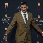 
              FILE - Rob Gronkowski arrives for the NFL Honors show Thursday, Feb. 10, 2022, in Inglewood, Calif. Four-time All-Pro tight end Rob Gronkowski announced his retirement again, Tuesday, June 21, 2022. (AP Photo/Marcio Jose Sanchez)
            