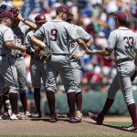 
              Texas A&M pitcher Jacob Palisch (33) gives Texas A&M infielder Jack Moss (9) a fist bump as Palisch relieves Ryan Prager in the third inning against Oklahoma during an NCAA College World Series baseball game Wednesday, June 22, 2022, in Omaha, Neb. (AP Photo/John Peterson)
            
