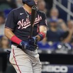 
              Washington Nationals' Luis Garcia (2) reacts to a strike in the seventh inning of a baseball game against the Miami Marlins, Thursday, June 9, 2022, in Miami. (AP Photo/Marta Lavandier)
            