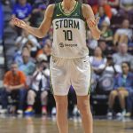 
              Seattle Storm guard Sue Bird argues a shot clock violation during the team's WNBA basketball game against the Connecticut Sun on Friday, June 17, 2022, in Uncasville, Conn. (Sean D. Eliot/The Day via AP)
            