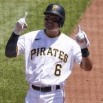 
              Pittsburgh Pirates' Yu Chang points skyward after getting a base hit against the Detroit Tigers in the third inning of a baseball game, Wednesday, June 8, 2022, in Pittsburgh. (AP Photo/Keith Srakocic)
            