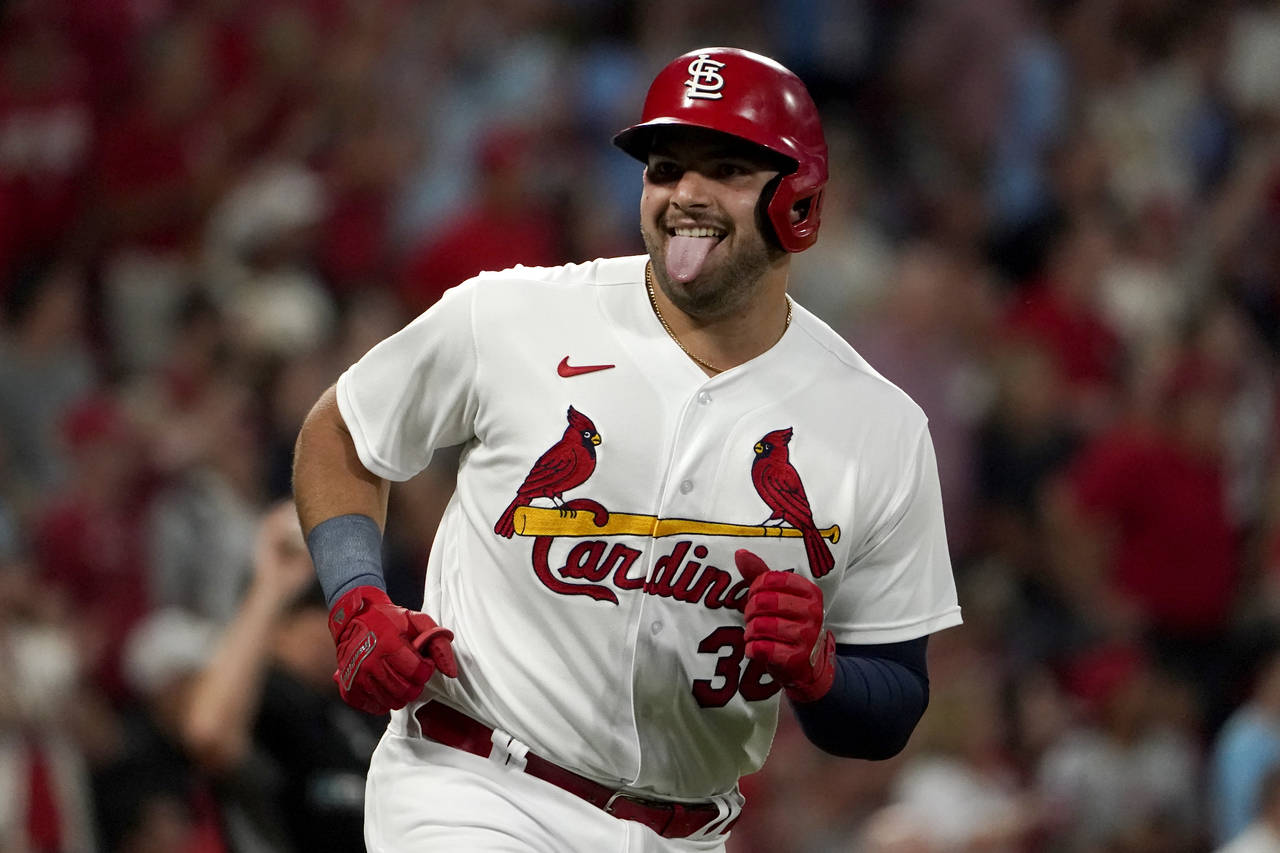 St. Louis Cardinals' Juan Yepez celebrates as he rounds the bases after hitting a two-run home run ...