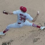 
              St. Louis Cardinals starting pitcher Miles Mikolas throws during the first inning of a baseball game against the Milwaukee Brewers Monday, June 20, 2022, in Milwaukee. (AP Photo/Morry Gash)
            