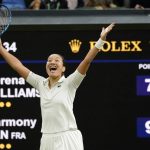 
              France's Harmony Tan celebrates after beating Serena Williams of the US in a first round women's singles match on day two of the Wimbledon tennis championships in London, Tuesday, June 28, 2022. (AP Photo/Alberto Pezzali)
            