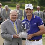 
              Billy Horschel, right, poses with Jack Nicklaus after winning the Memorial golf tournament Sunday, June 5, 2022, in Dublin, Ohio. (AP Photo/Darron Cummings)
            